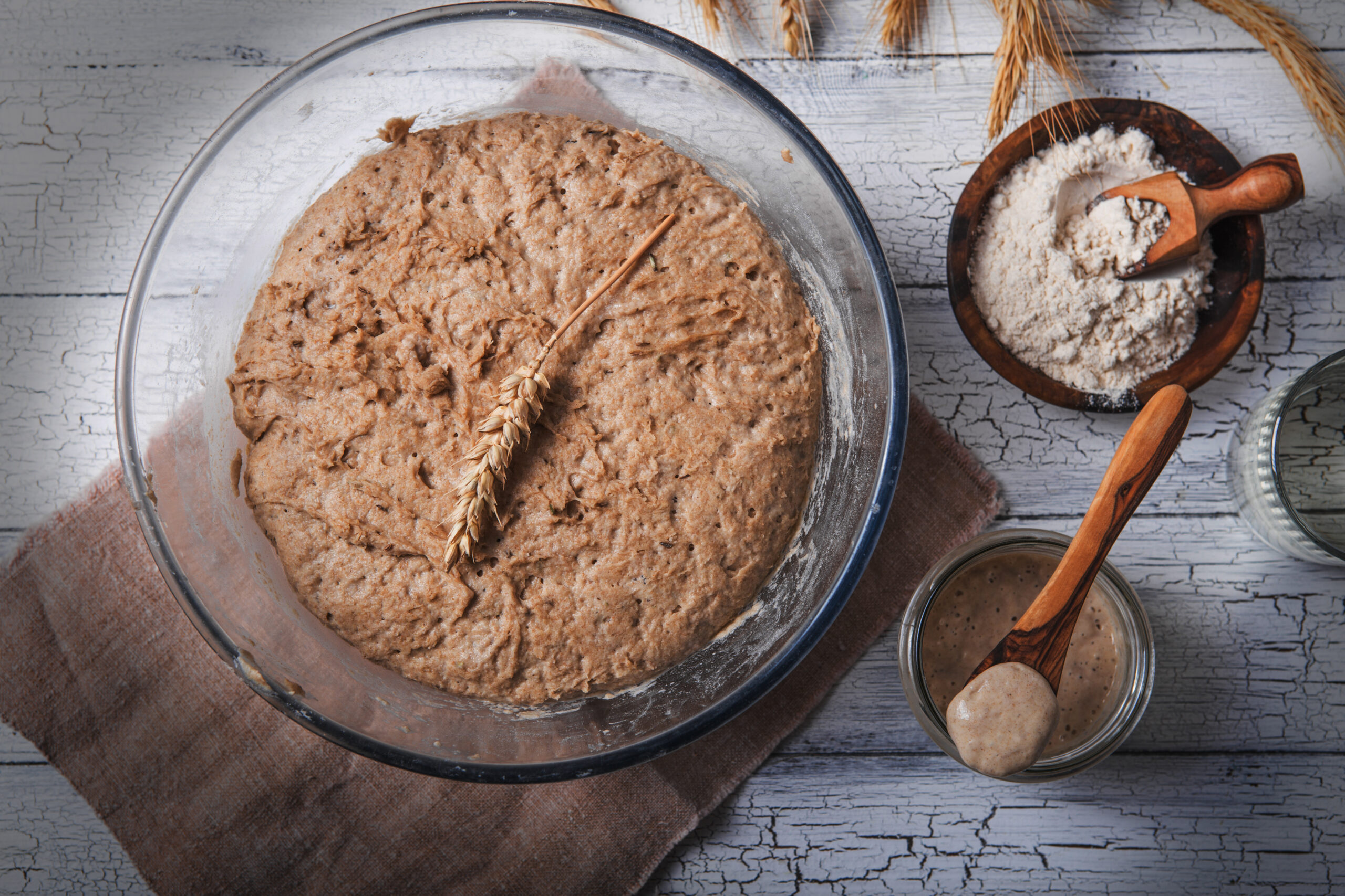 La levadura del pan está activa. Masa madre (mezcla fermentada de agua y harina para usar como levadura para hornear pan).